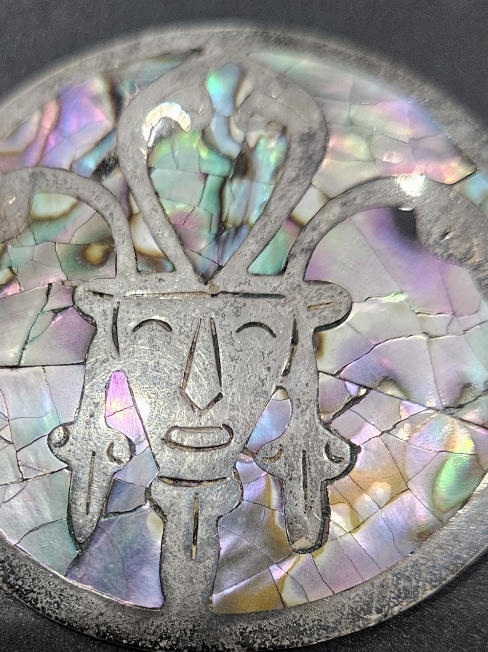 Vintage Sterling Mexico Aztec Alpaca Artisan Abalone Statement Pin Brooch